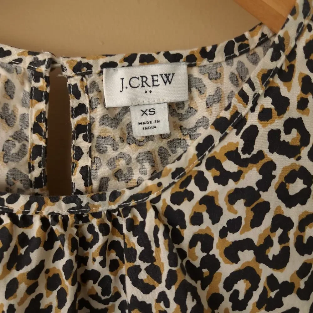 J CREW Leopard Puff-sleeve Top XS (runs big)  Stretch Cotton Poplin Tan Black
